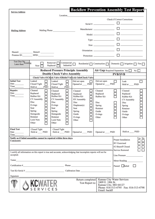 Backflow Prevention Assembly Test Report Form Printable pdf