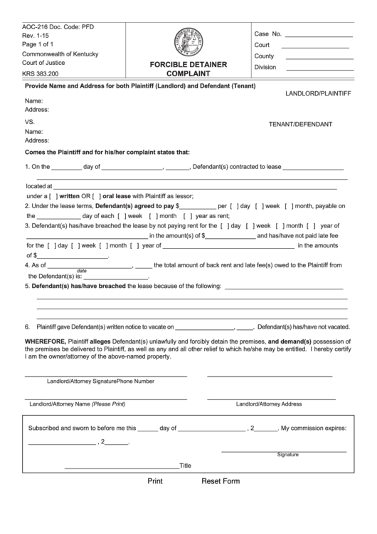 Form Aoc-216-Forcible Detainer Complaint Form Printable pdf