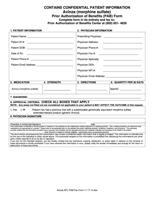 Fillable Avinza (Morphine Sulfate) Prior Authorization Of Benefits (Pab) Form Printable pdf