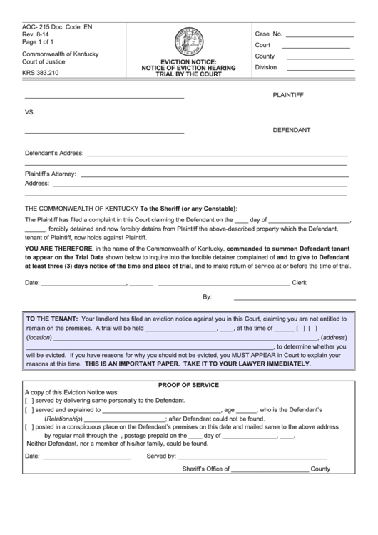 Form Aoc- 215-eviction Notice-notice Of Eviction Hearing Trail By The Court Form