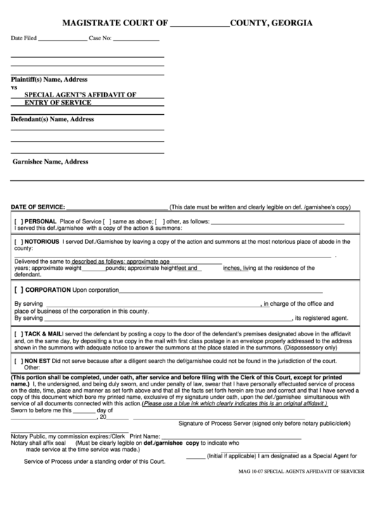 Special Agents Affidavit Of Service Form Printable pdf