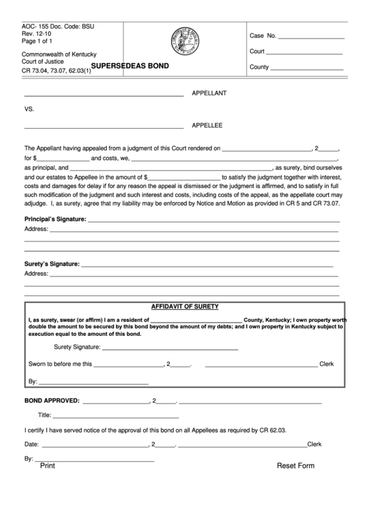 Fillable Form Aoc-155-Supersedeas Bond Printable pdf
