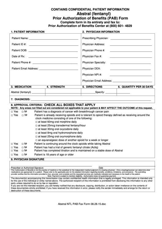 Fillable Abstral (Fentanyl) Prior Authorization Of Benefits (Pab) Form Printable pdf