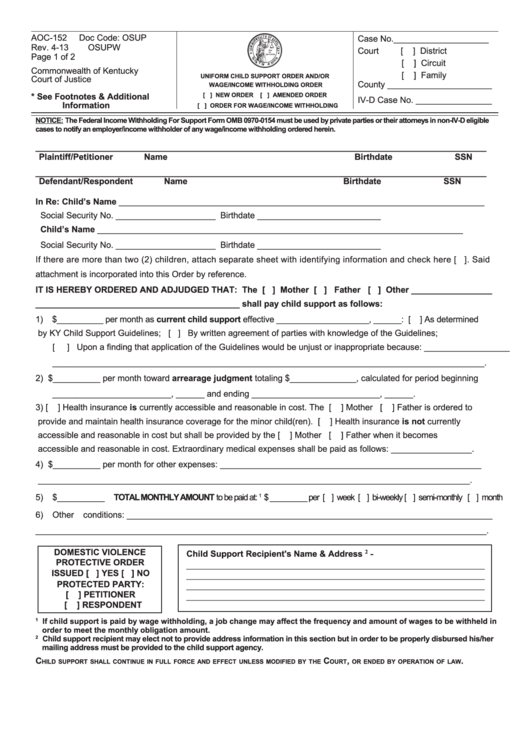 Fillable Form Aoc-152-Uniform Child Support Order Printable pdf