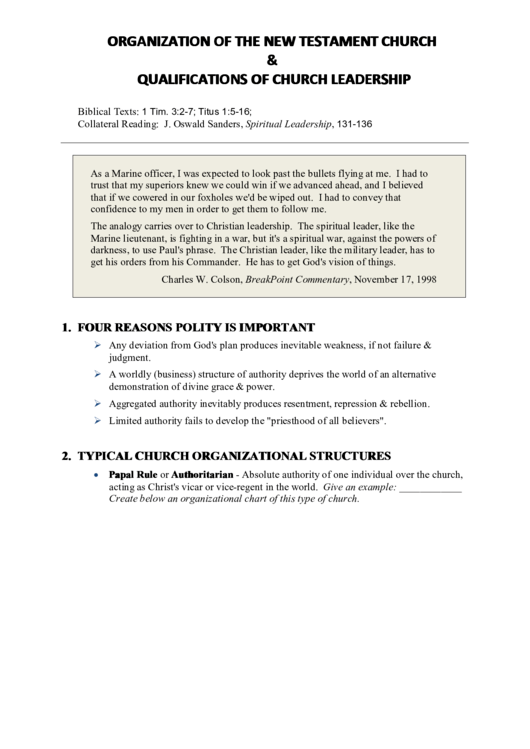 Organization Of The New Testament Church & Qualifications Of Church Leadership Printable pdf