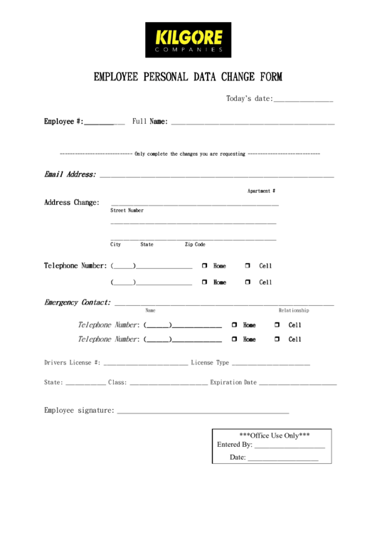 Employee Personal Data Change Form Printable pdf
