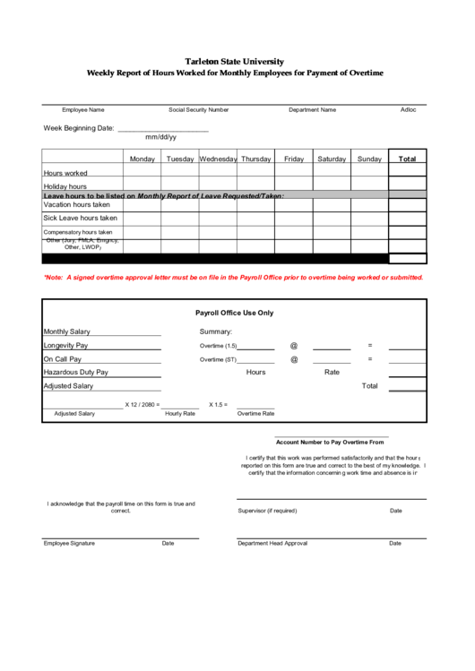 Fillable Tarleton State University Weekly Report Of Hours Worked For Monthly Employees For Payment Of Overtime Printable pdf