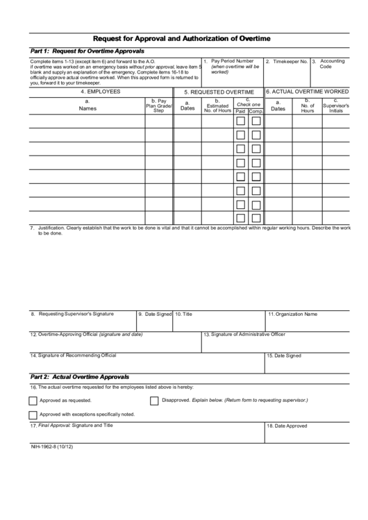 Fillable Request For Approval And Authorization Of Overtime Printable pdf