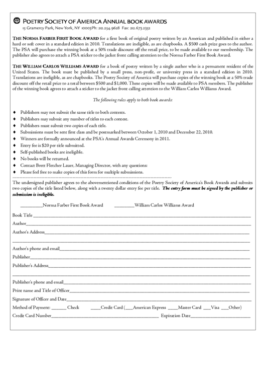 Poetry Society Of America Annual Book Awards Entry Form Printable pdf