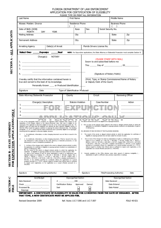 Fillable Application For Certification Of Eligibility - Florida Department Of Law Enforcement Printable pdf