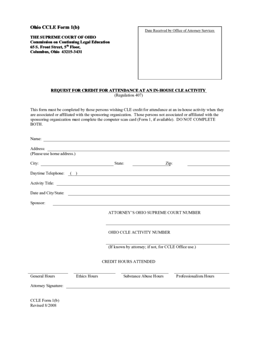 Fillable Ohio Ccle Form 1(B) - Request For Credit For Attendance At An In-House Cle Activity Printable pdf