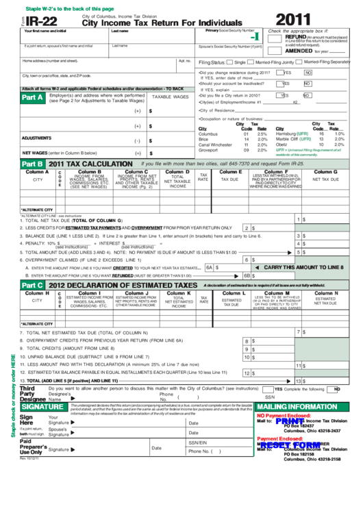 City Income Tax Return For Individuals Printable pdf