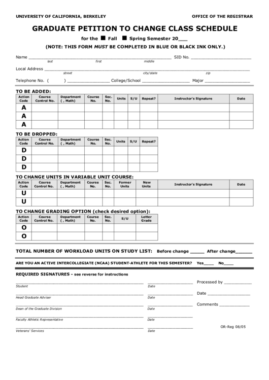 Graduate Petition To Change Class Schedule Printable pdf