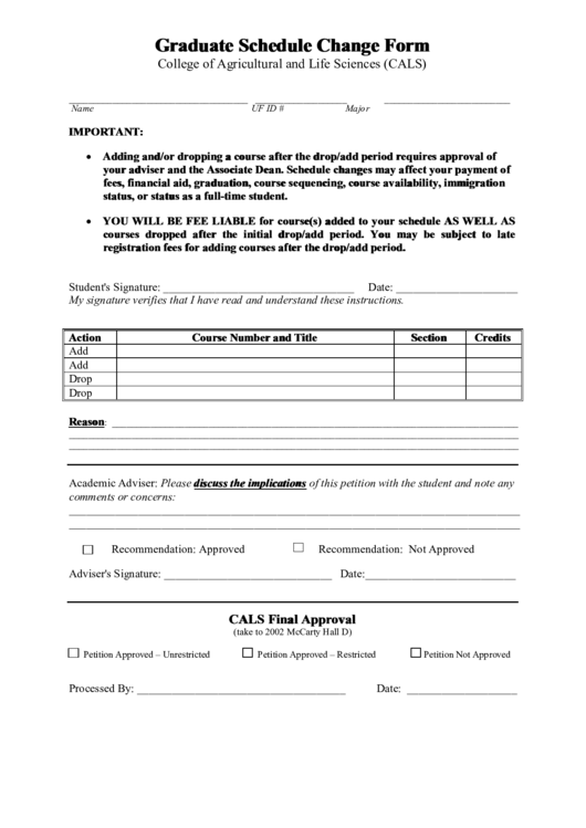 Graduate Schedule Change Form Printable pdf
