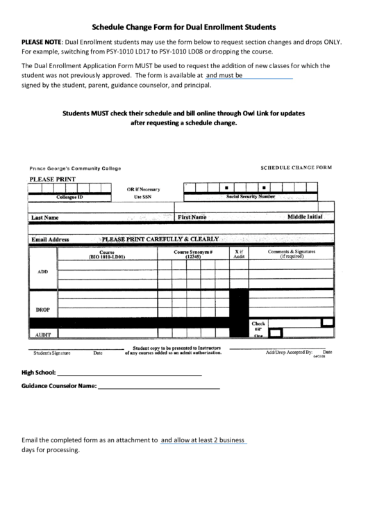 Schedule Change Form For Dual Enrollment Students Printable pdf