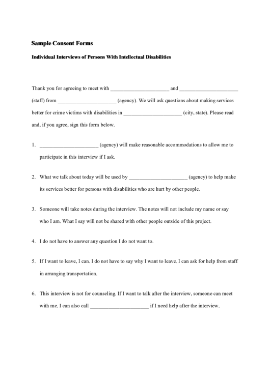Sample Consent Forms Individual Interviews Of Persons With Intellectual Disabilities Printable pdf