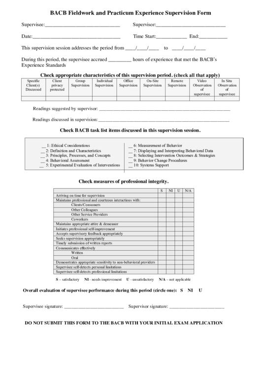 Bacb Fieldwork And Practicum Experience Supervision Form printable pdf