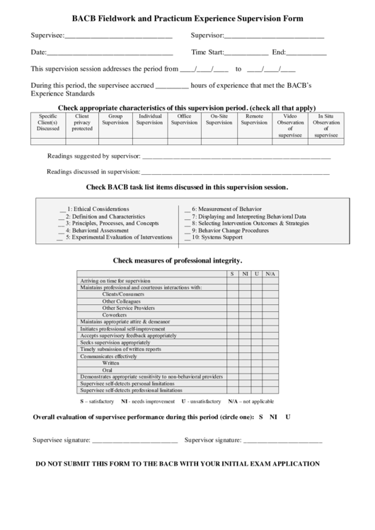 Bacb Fieldwork And Practicum Experience Supervision Form