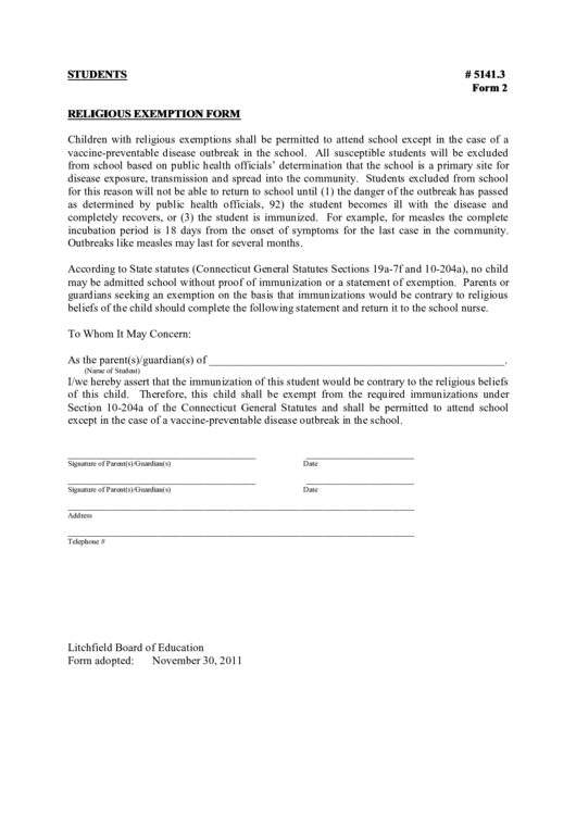 Religious Exemption Form Printable pdf