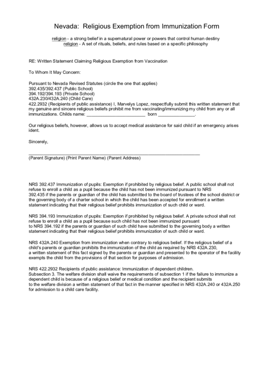 Nevada: Religious Exemption From Immunization Form printable pdf download