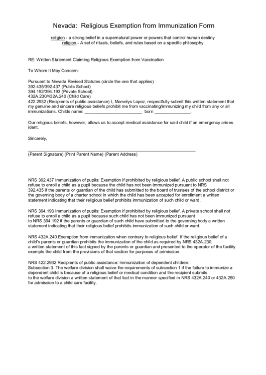 Nevada Religious Exemption From Immunization Form Printable Pdf Download