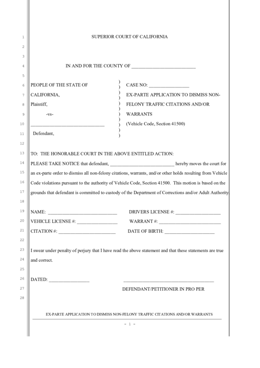 Fillable Ex-Parte Application To Dismiss Nonfelony Traffic Citations And/or Warrants Printable pdf