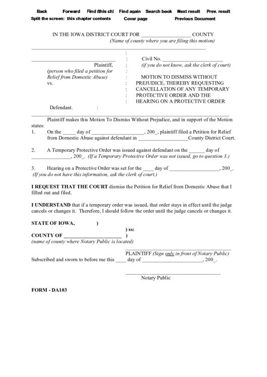 Motion To Dismiss Without Prejudice, Thereby Requesting Cancellation Of Any Temporary Protective Order And The Hearing On A Protective Order Printable pdf