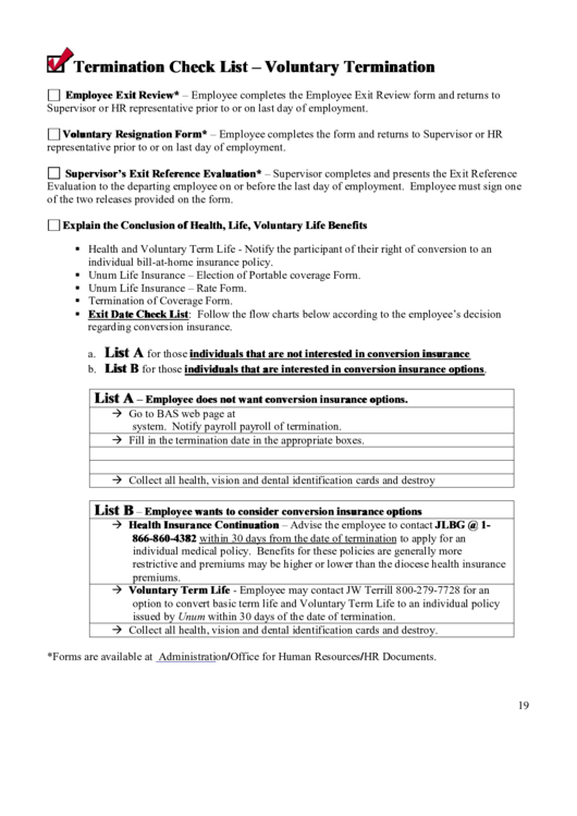Termination Checklist Template - Voluntary Termination Printable pdf