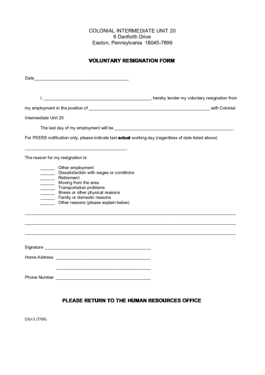 Voluntary Resignation Form Printable pdf