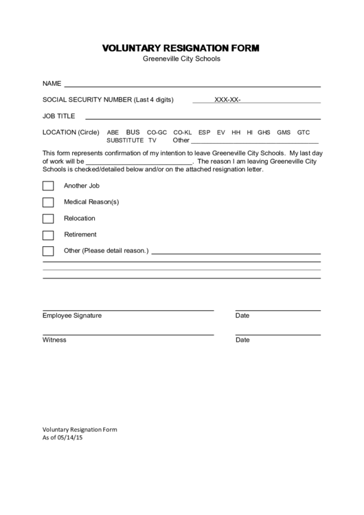 Voluntary Resignation Form printable pdf download