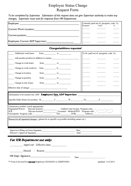 Employee Status Change Request Form Printable pdf