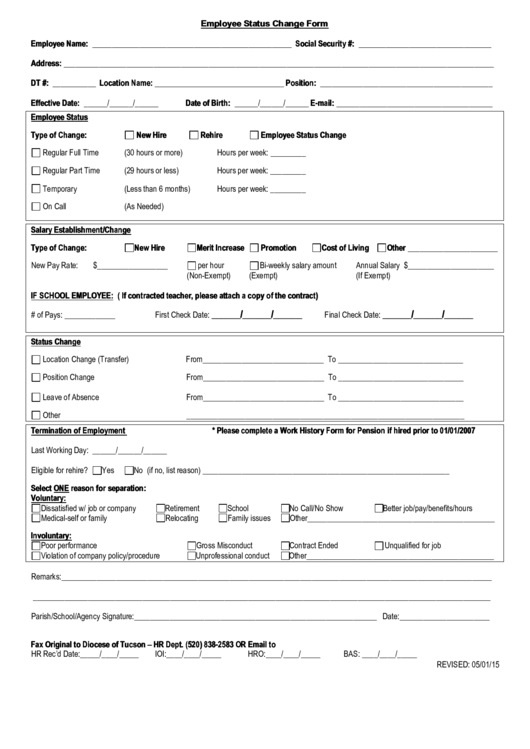 Fillable Employee Status Change Form Printable pdf