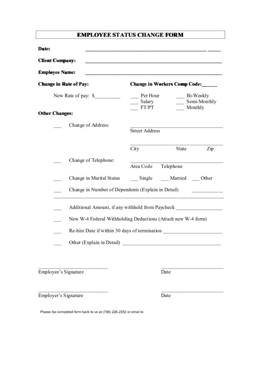 Employee Status Change Form Printable pdf