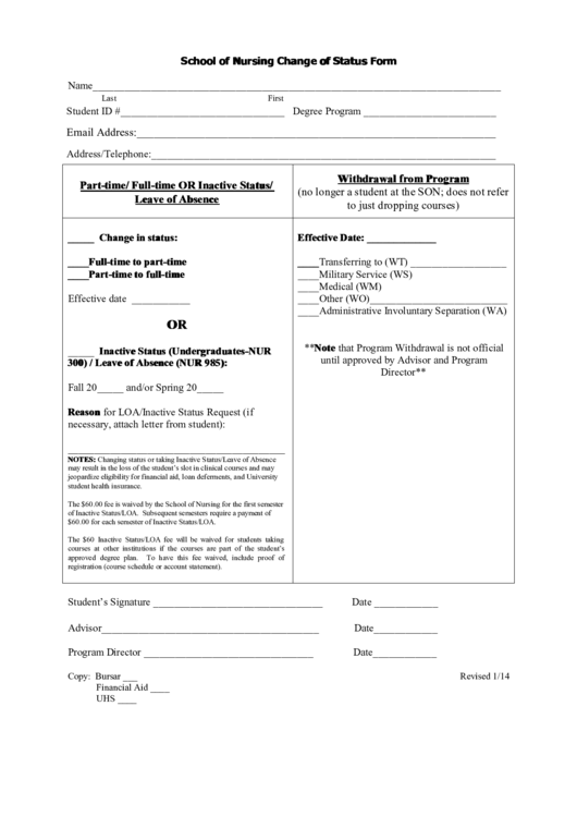 School Of Nursing Change Of Status Form Printable pdf