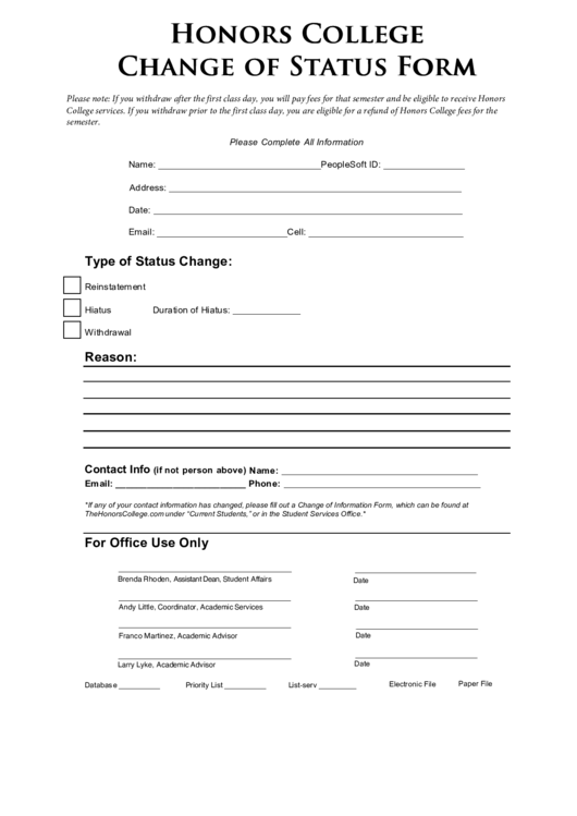 Honors College Change Of Status Form Printable pdf