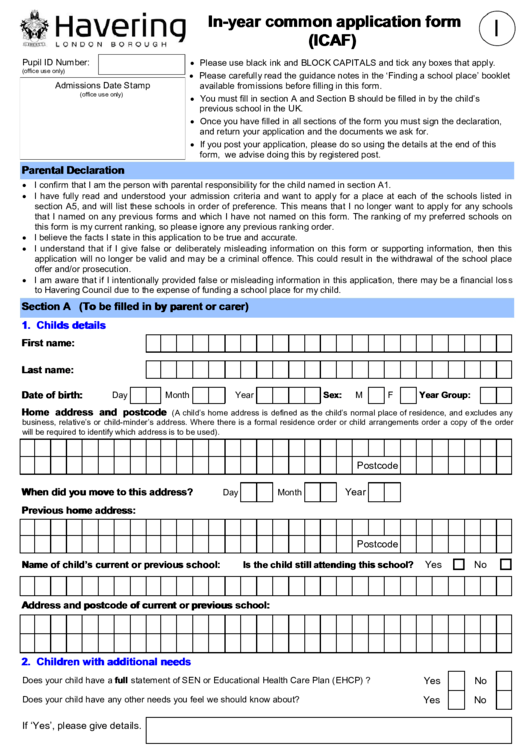 In-Year Common Application Form Printable pdf