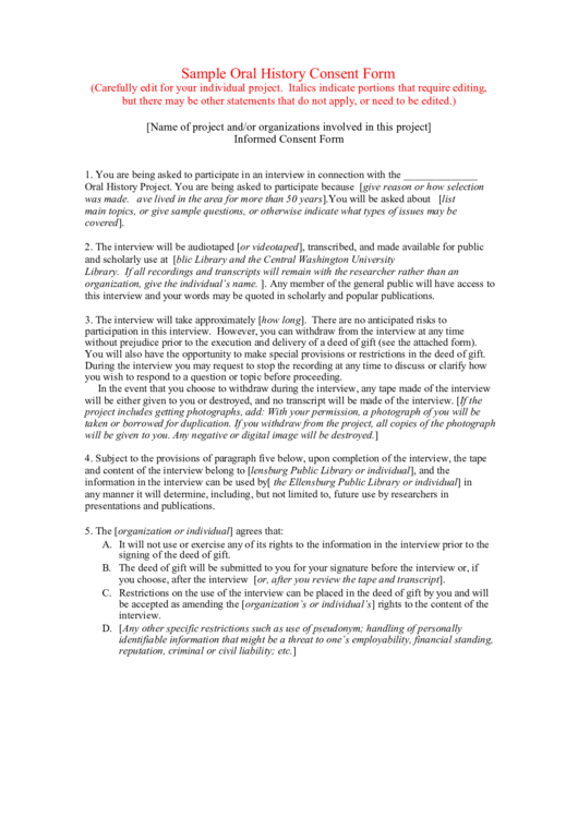 Sample Oral History Consent Form Printable pdf