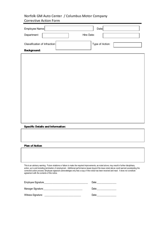 Corrective Action Form - Norfolk Gm Auto Center/columbus Motor Company Printable pdf
