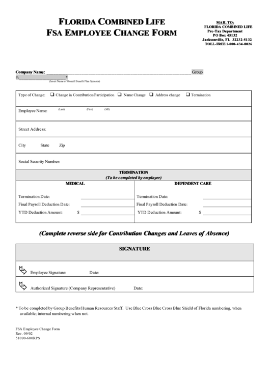 Fillable Florida Combined Life Fsa Employee Change Form Printable pdf