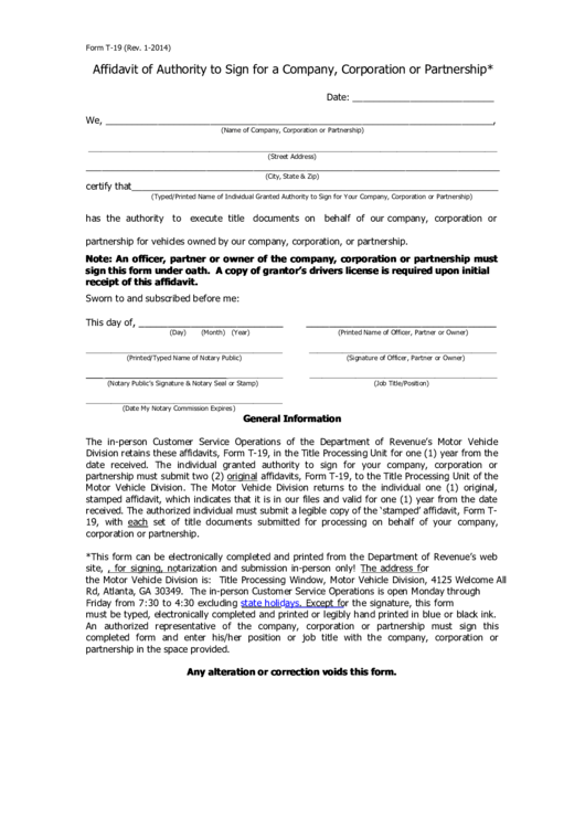 Fillable Form T-19 - Affidavit Of Authority To Sign For A Company, Corporation Or Partnership Printable pdf