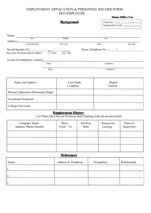 Employment Application & Personnel Record Form - Eeo Employer Printable pdf