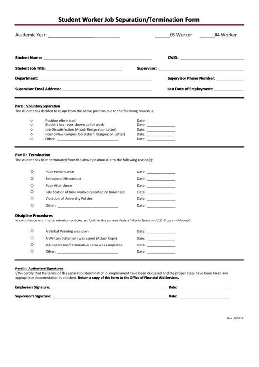Student Worker Job Separation/termination Form Printable pdf