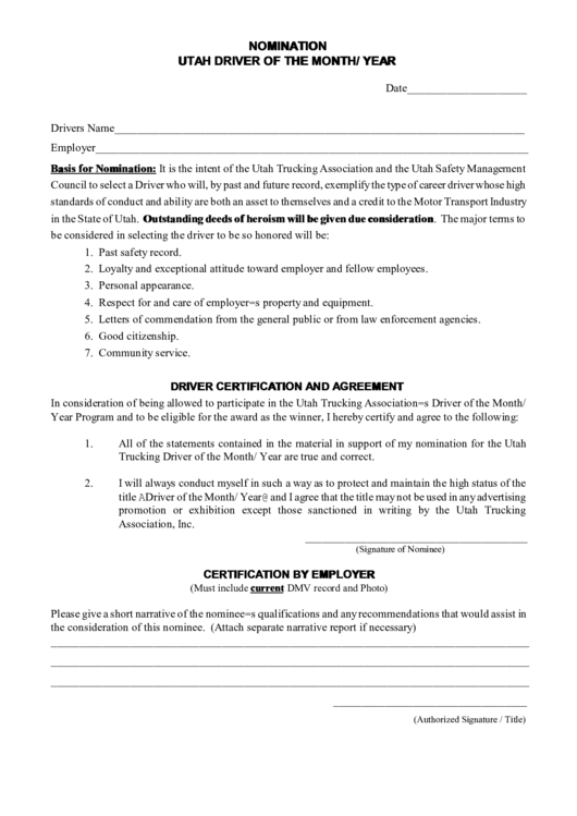 Utah Driver Of The Month/year Nomination Form Printable pdf