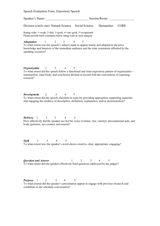 Speech Evaluation Form: Expository Speech Printable pdf