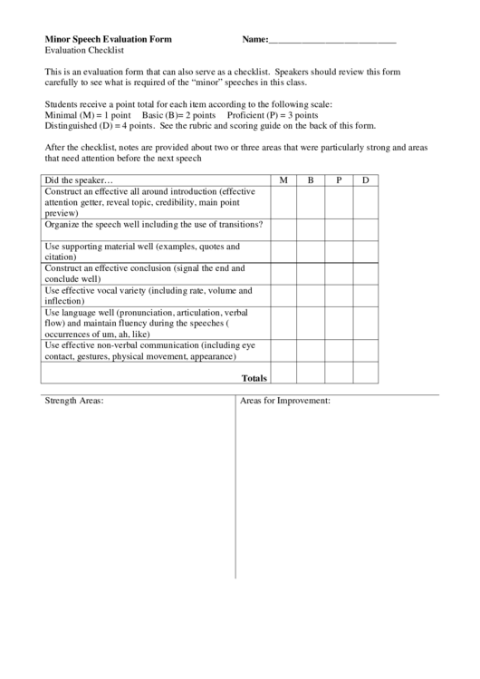 Minor Speech Evaluation Form Printable pdf