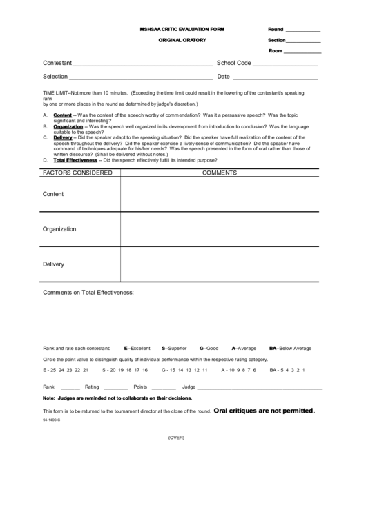 Mshsaa Critic Evaluation Form - Original Oratory printable pdf download