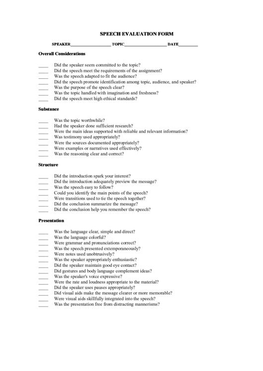 Speech Evaluation Form Printable pdf