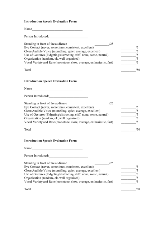 Introduction Speech Evaluation Form Printable pdf