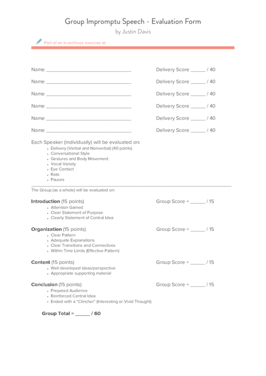 Group Impromptu Speech - Evaluation Form By Justin Davis Printable pdf