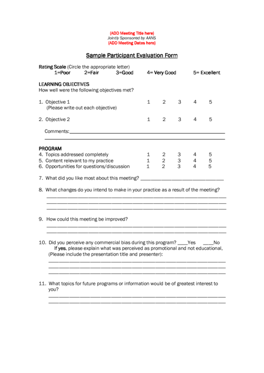 Sample Participant Evaluation Form Printable pdf